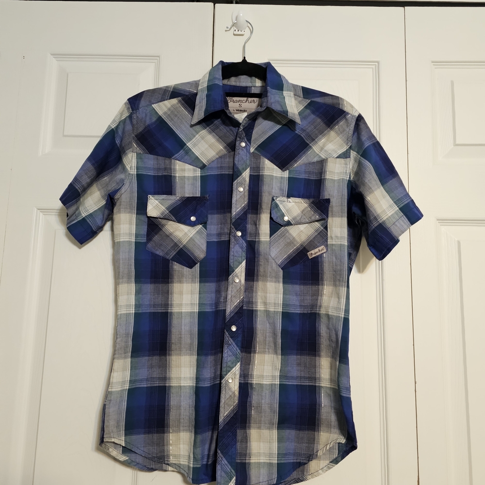 Wrangler Wrancher Men’s Small Pearl Snap Western Shirt - Blue Plaid Short Sleeve